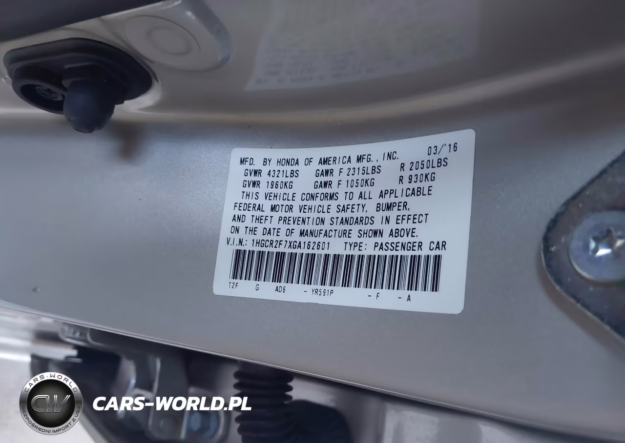 2016 Honda Accord Ex VIN:1HGCR2F7XGA162601 - 9