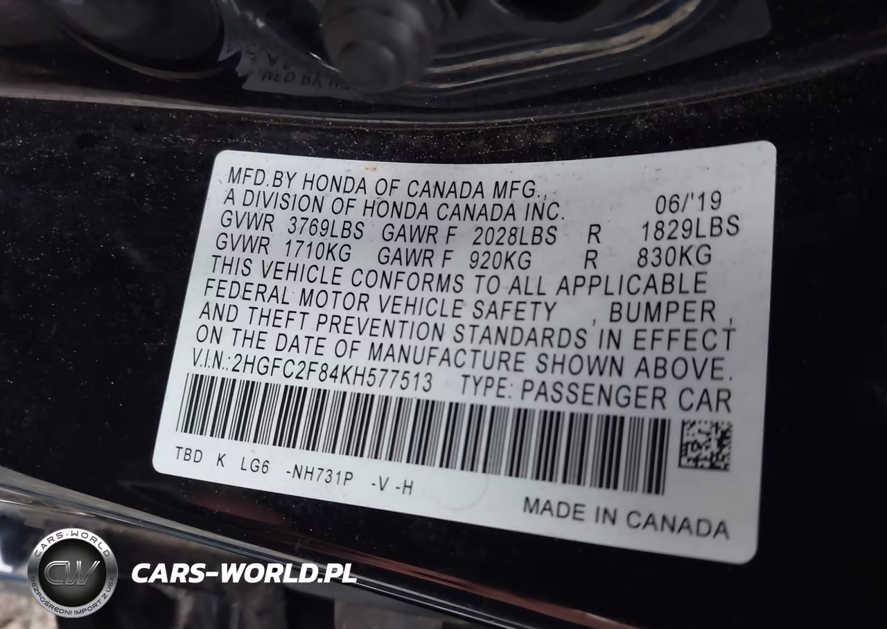 2019 Honda Civic Sport VIN:2HGFC2F84KH577513 - 9