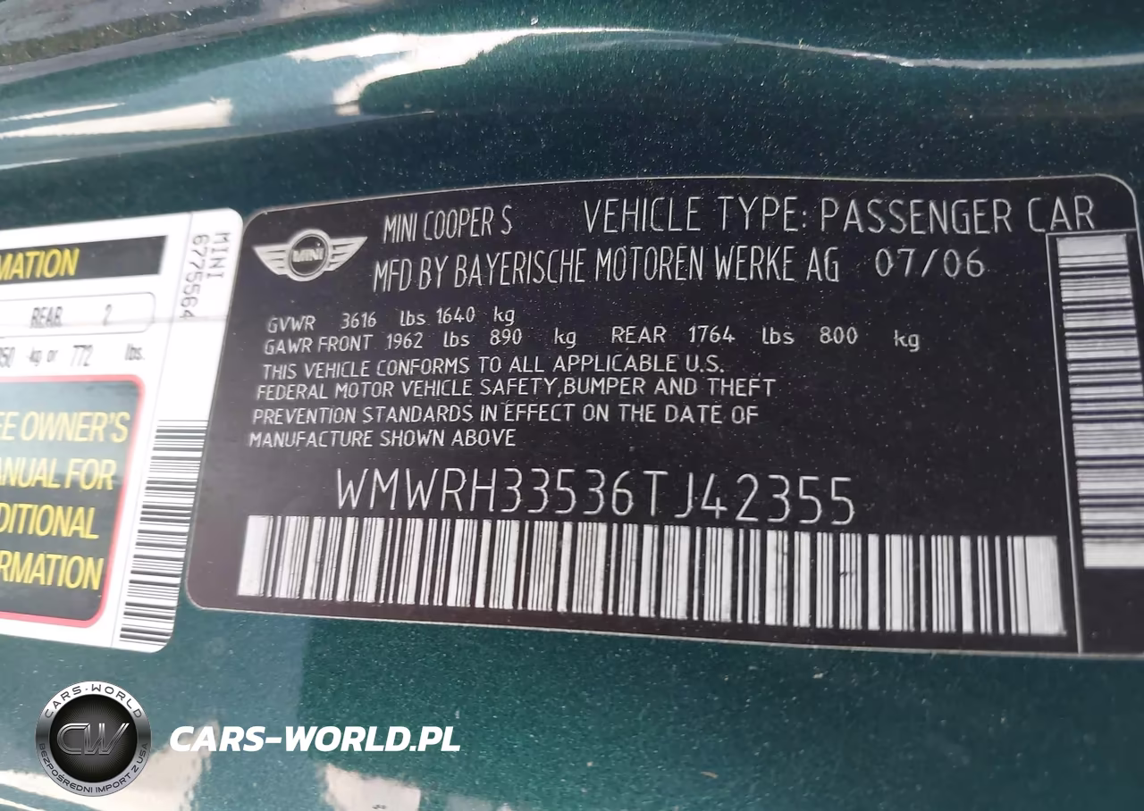 2006 Mini Cooper S VIN:WMWRH33536TJ42355 - 9