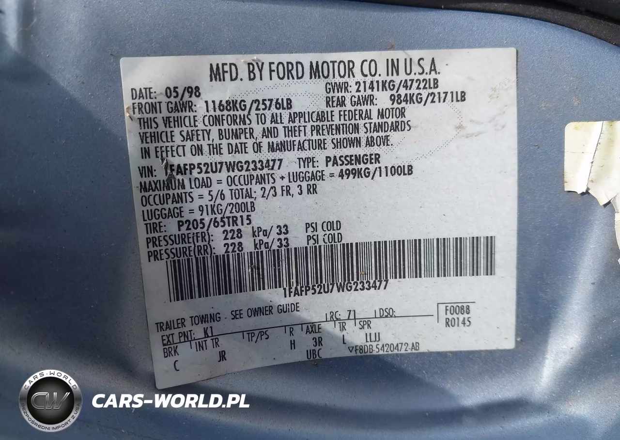 1998 Ford Taurus Lx-Se VIN:1FAFP52U7WG233477 - 9