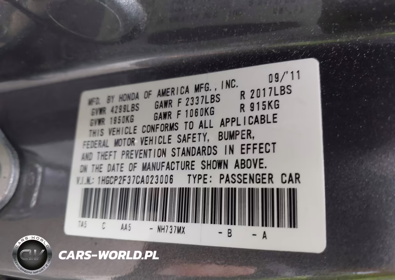 2012 Honda Accord 2.4 Lx VIN:1HGCP2F37CA023006 - 9
