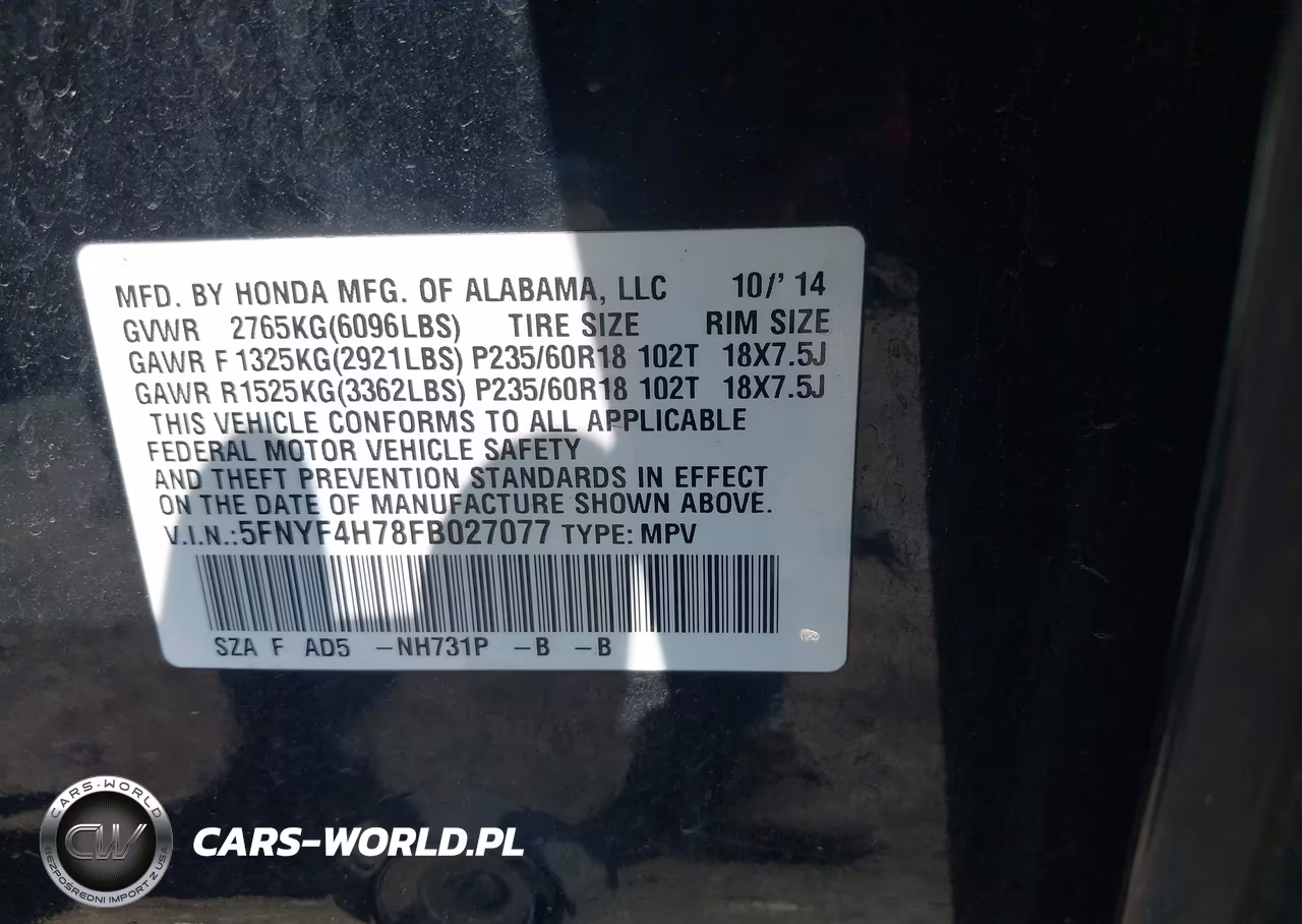 2015 Honda Pilot Ex-L VIN:5FNYF4H78FB027077 - 9