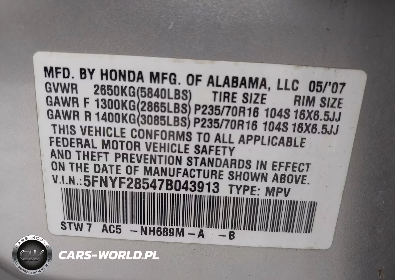 2007 Honda Pilot Ex-L VIN:5FNYF28547B043913 - 9