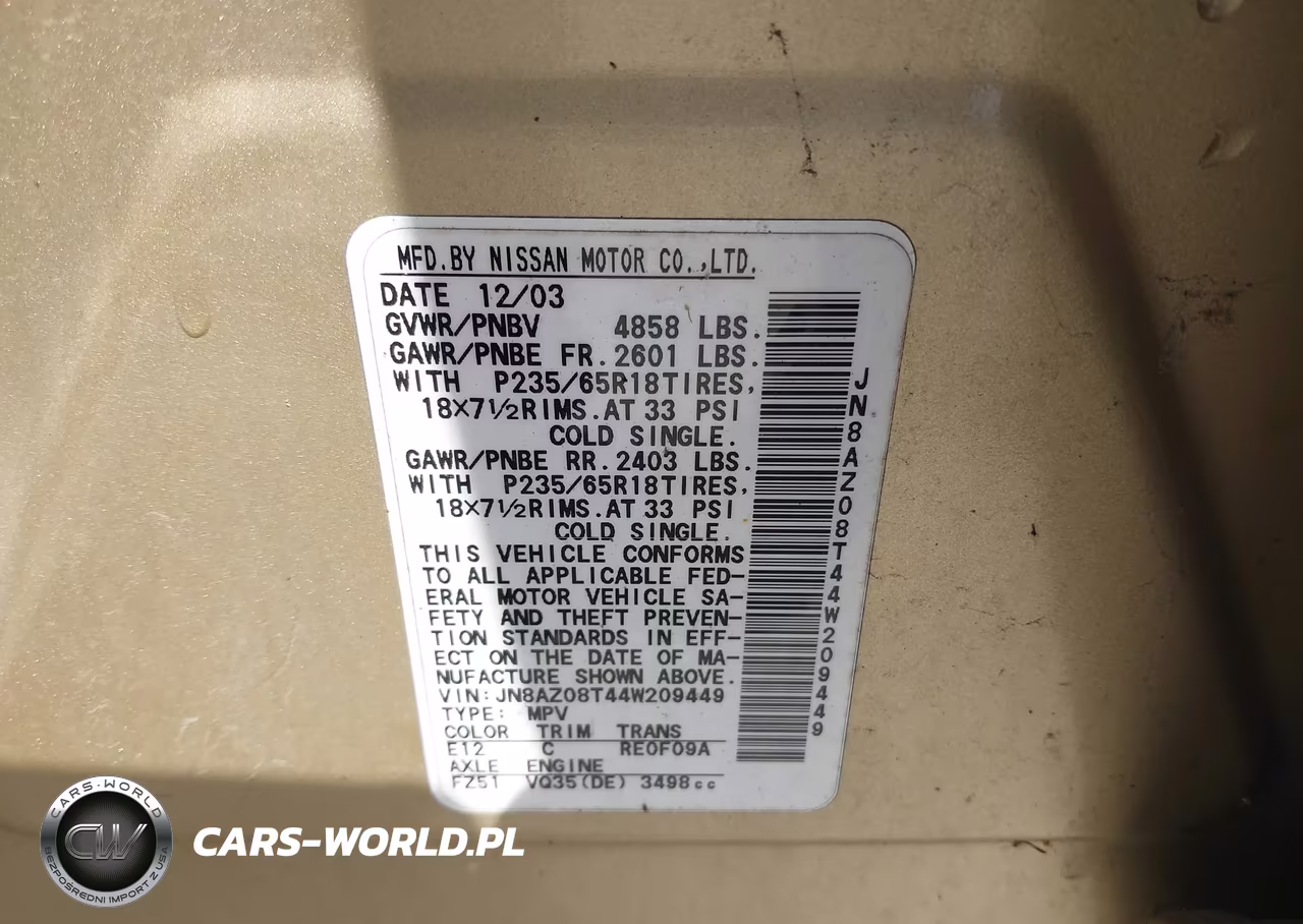 2004 Nissan Murano Sl VIN:JN8AZ08T44W209449 - 9
