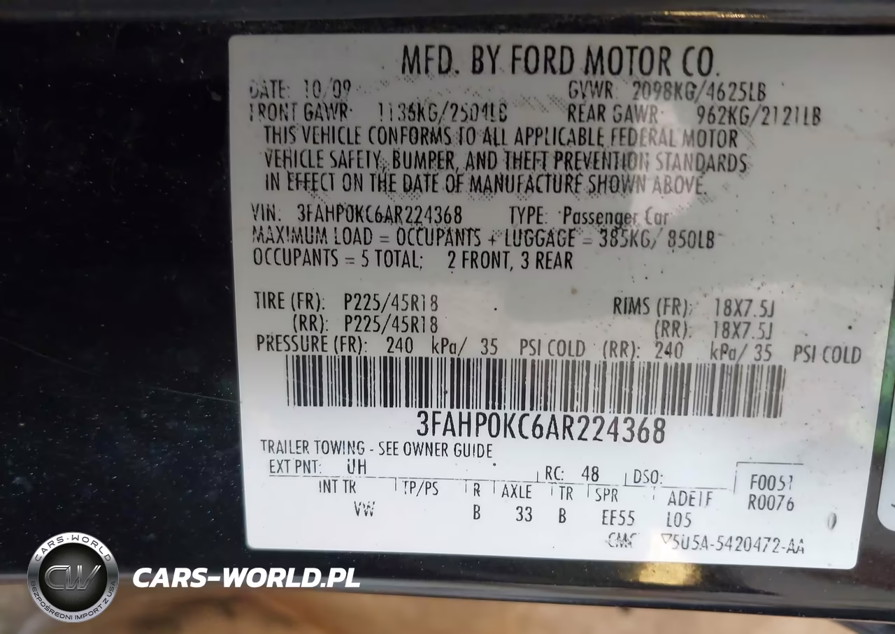 2010 Ford Fusion Sport VIN:3FAHP0KC6AR224368 - 9