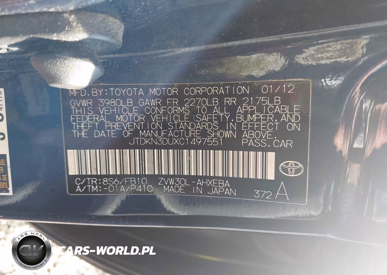 2012 Toyota Prius Two VIN:JTDKN3DUXC1497551 - 9