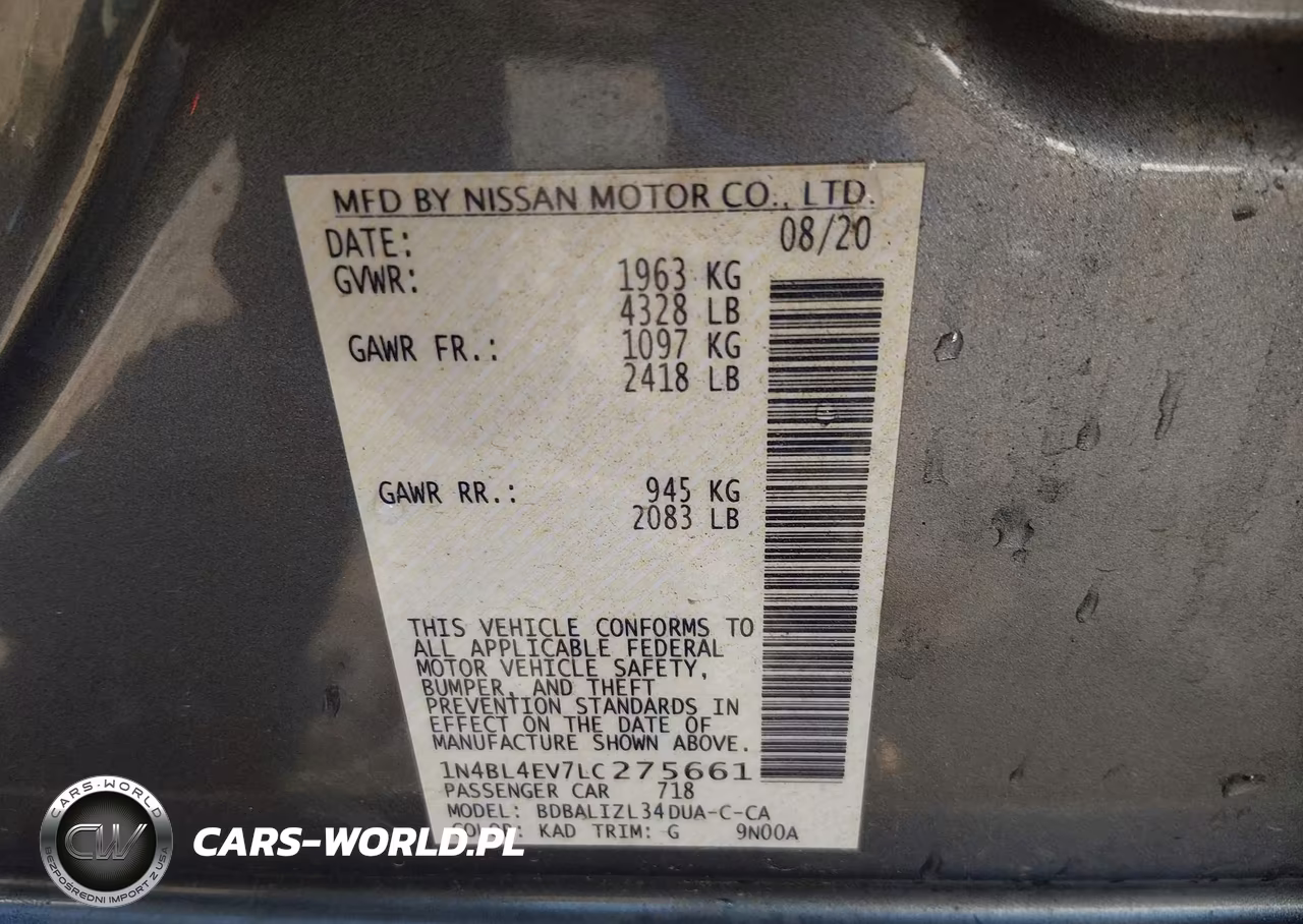 2020 Nissan Altima Sl Fwd VIN:1N4BL4EV7LC275661 - 9