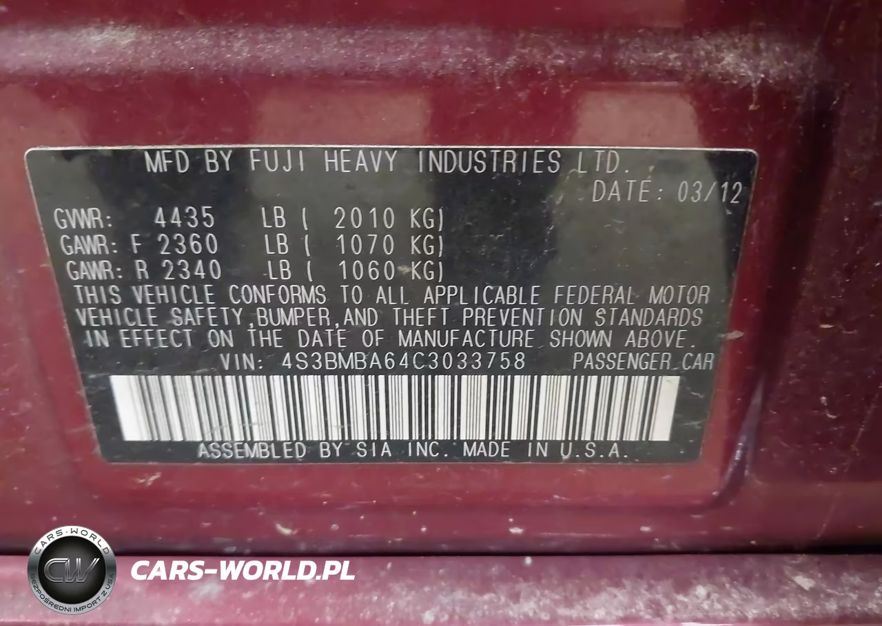 2012 Subaru Legacy 2.5I VIN:4S3BMBA64C3033758 - 9