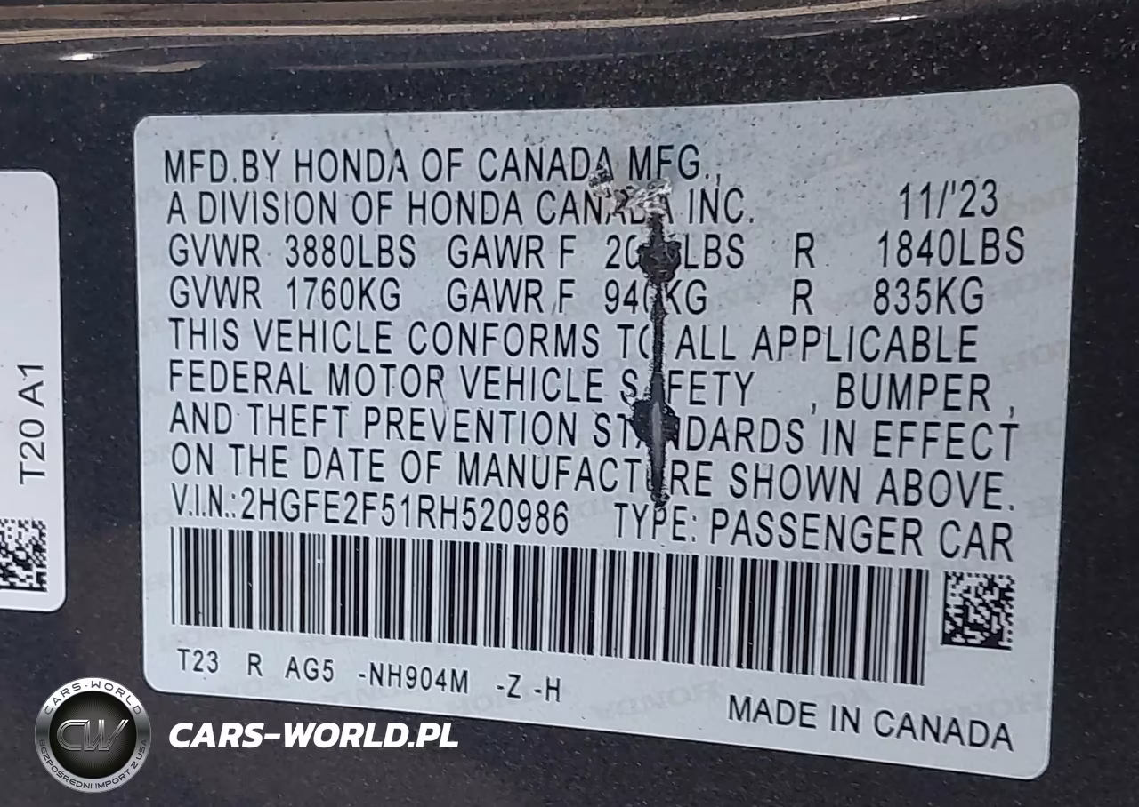 2024 Honda Civic Sport VIN:2HGFE2F51RH520986 - 9
