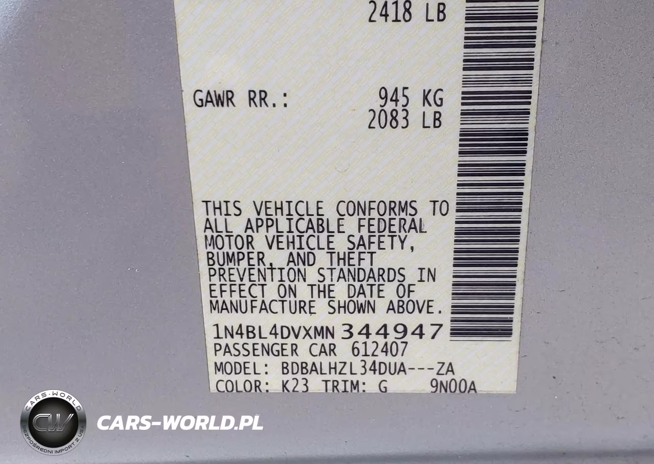2021 Nissan Altima Sv Fwd VIN:1N4BL4DVXMN344947 - 9