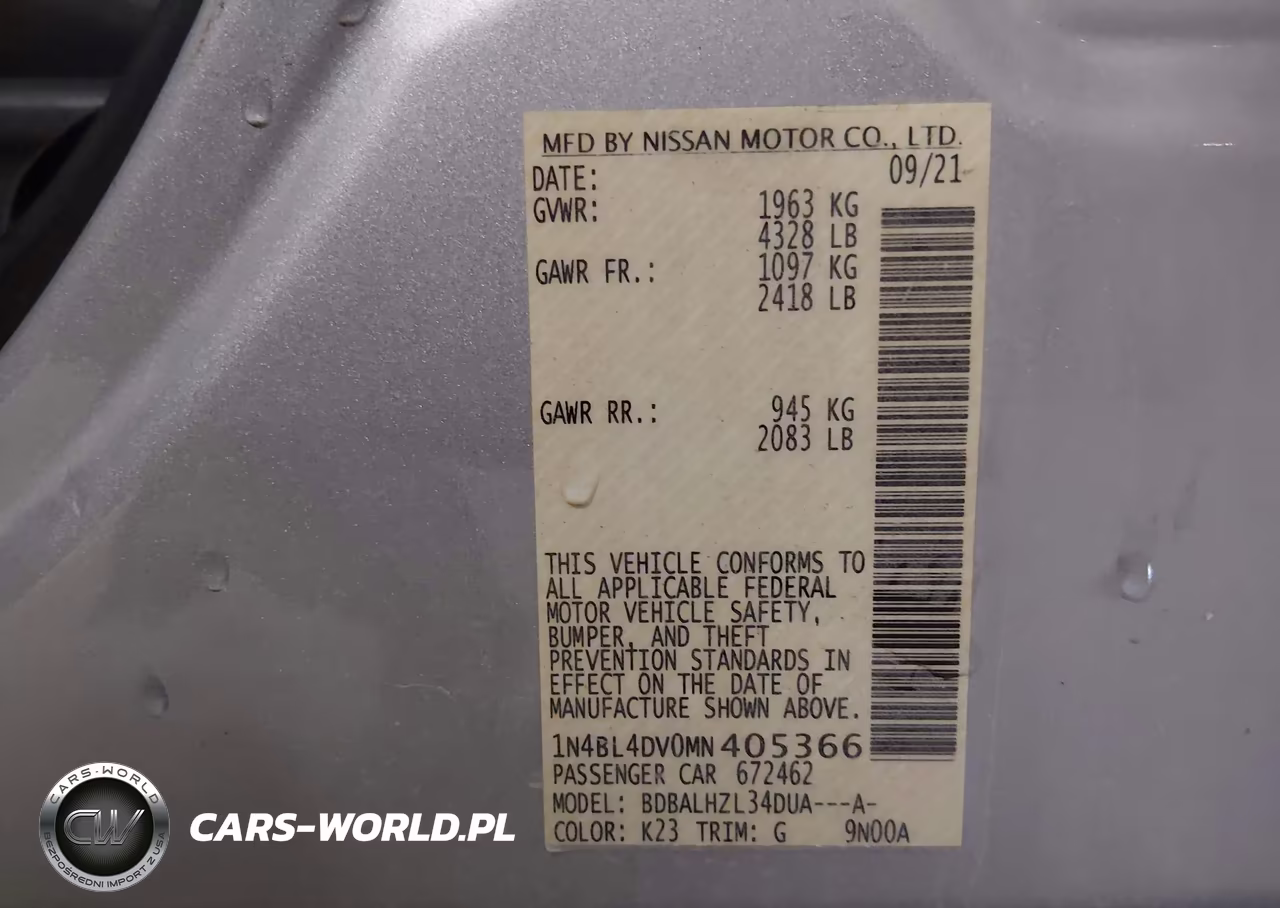 2021 Nissan Altima Sv Fwd VIN:1N4BL4DV0MN405366 - 9