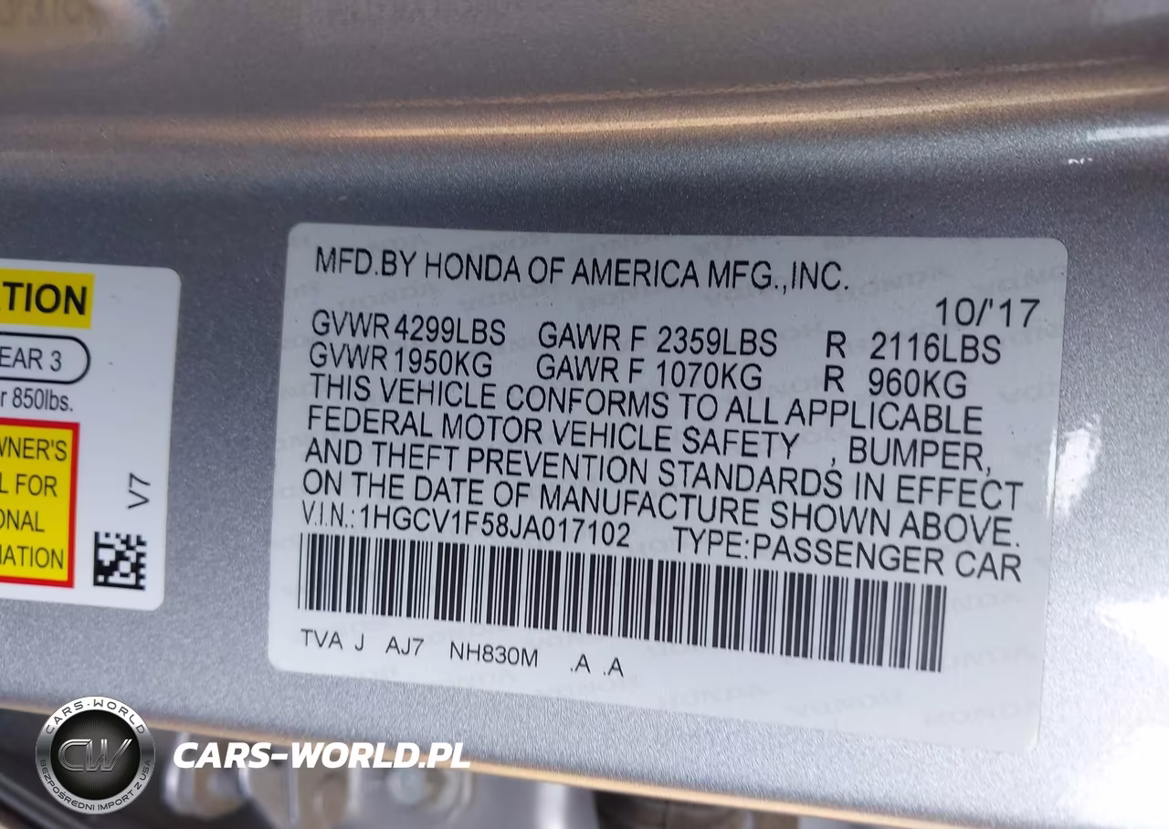 2018 Honda Accord Ex-L VIN:1HGCV1F58JA017102 - 9