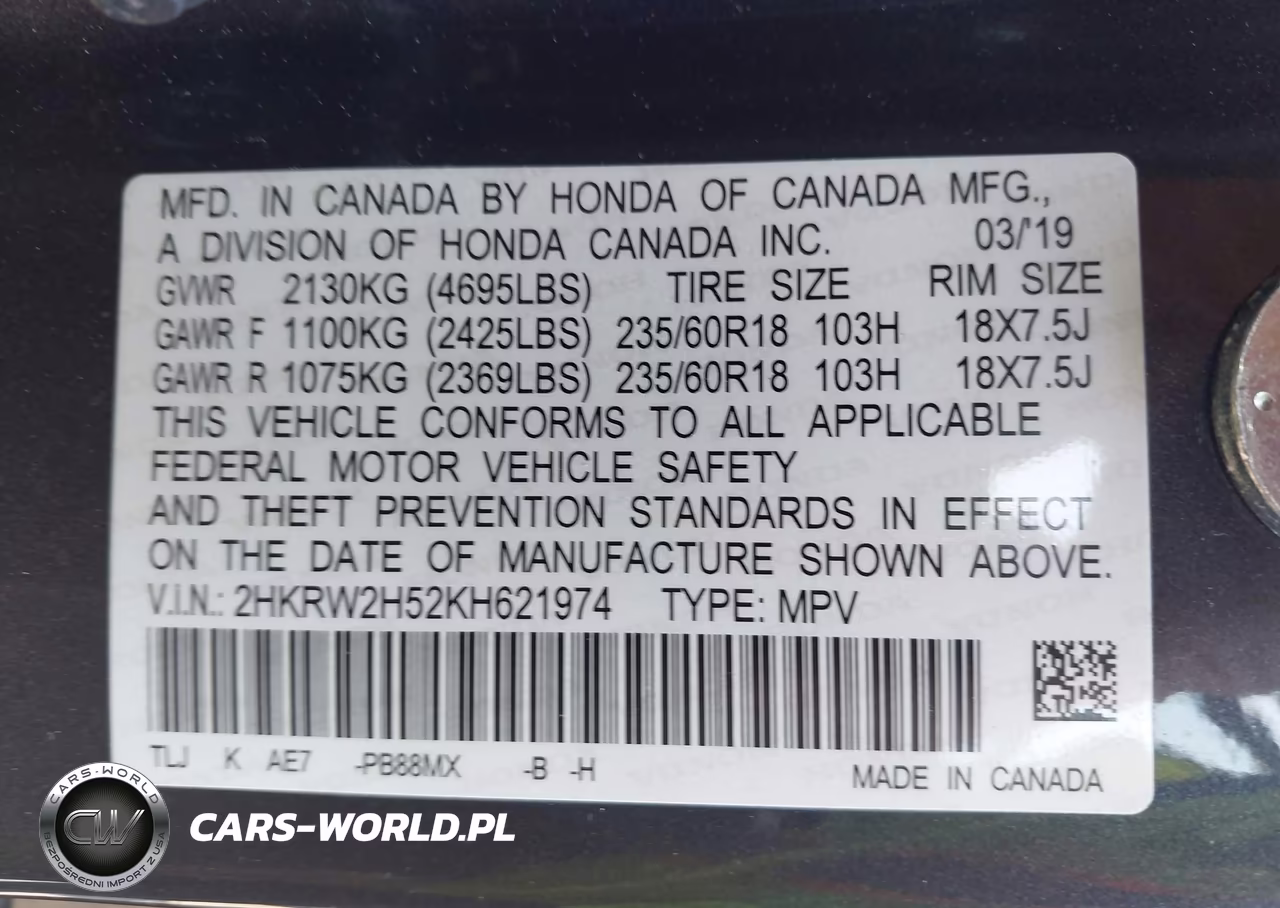 2019 Honda Cr-V Ex VIN:2HKRW2H52KH621974 - 9