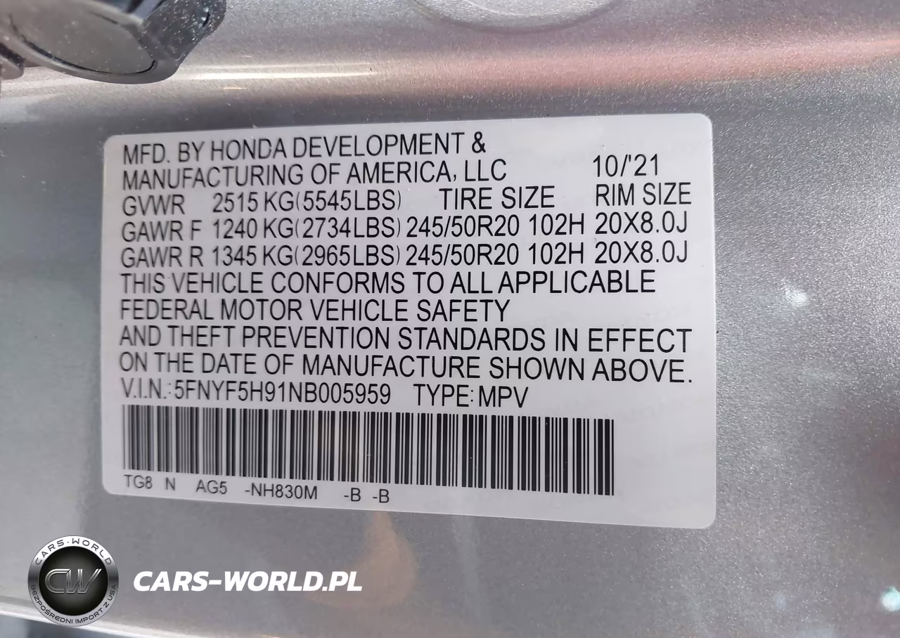 2022 Honda Pilot 2Wd Touring 8 Passenger VIN:5FNYF5H91NB005959 - 9