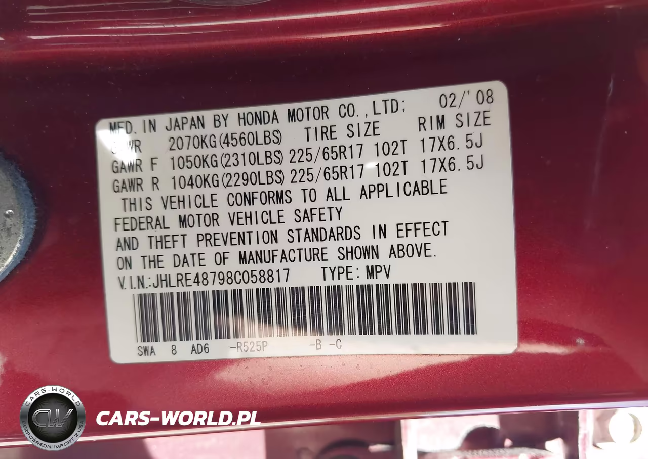2008 Honda Cr-V Ex-L VIN:JHLRE48798C058817 - 9