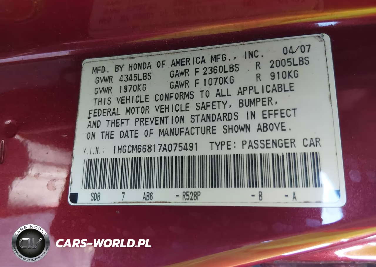 2007 Honda Accord 3.0 Ex VIN:1HGCM66817A075491 - 9
