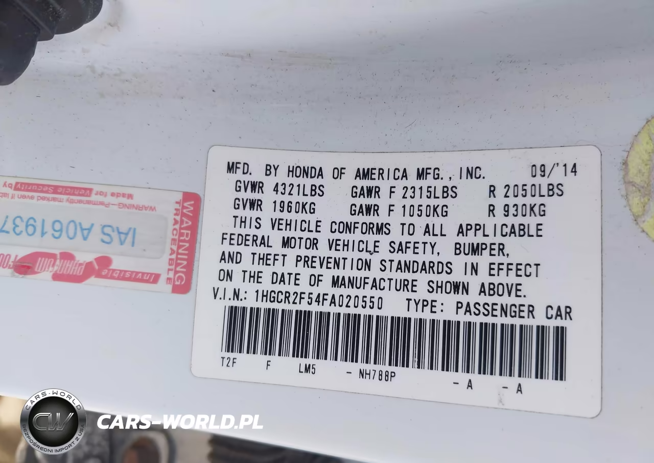 2015 Honda Accord Sport VIN:1HGCR2F54FA020550 - 9