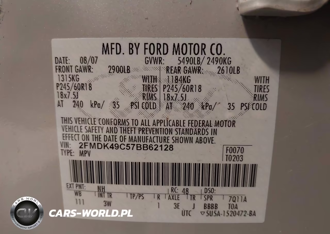 2007 Ford Edge Sel Plus VIN:2FMDK49C57BB62128 - 9