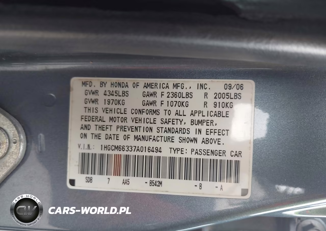 2007 Honda Accord 3.0 Lx VIN:1HGCM66337A016494 - 9