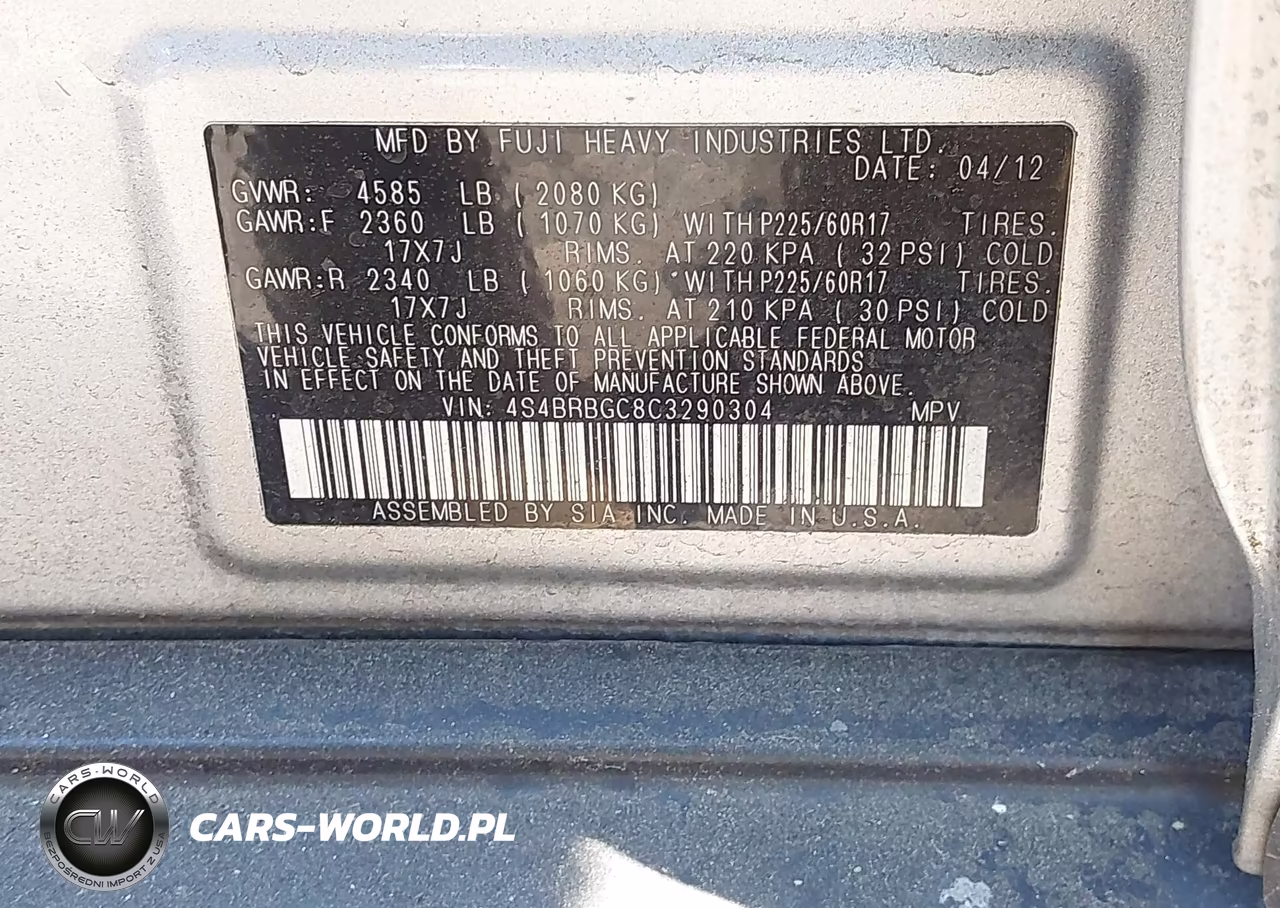 2012 Subaru Outback 2.5I Premium VIN:4S4BRBGC8C3290304 - 9