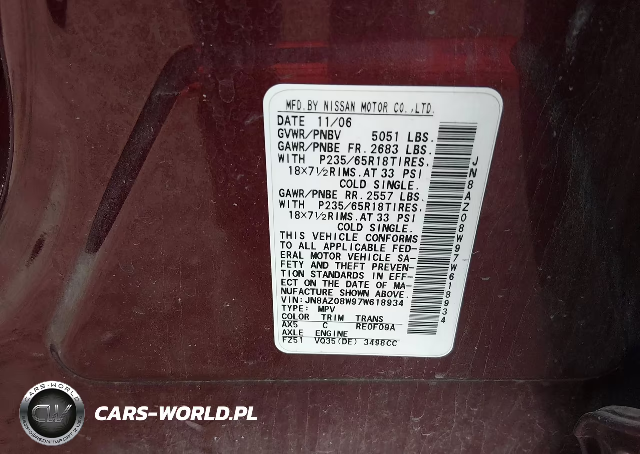 2007 Nissan Murano S VIN:JN8AZ08W97W618934 - 9