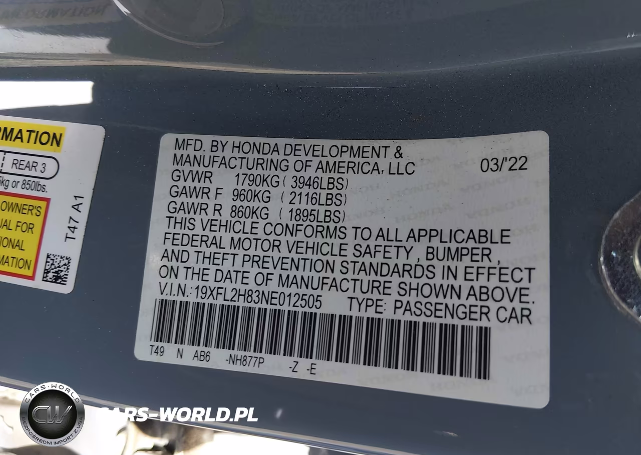 2022 Honda Civic Sport VIN:19XFL2H83NE012505 - 9