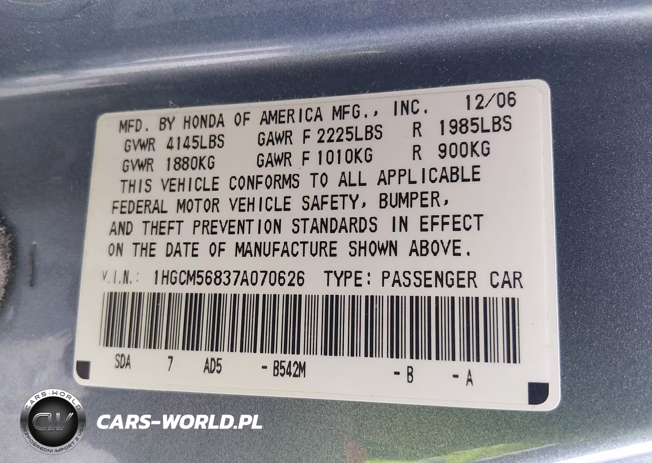 2007 Honda Accord 2.4 Ex VIN:1HGCM56837A070626 - 9
