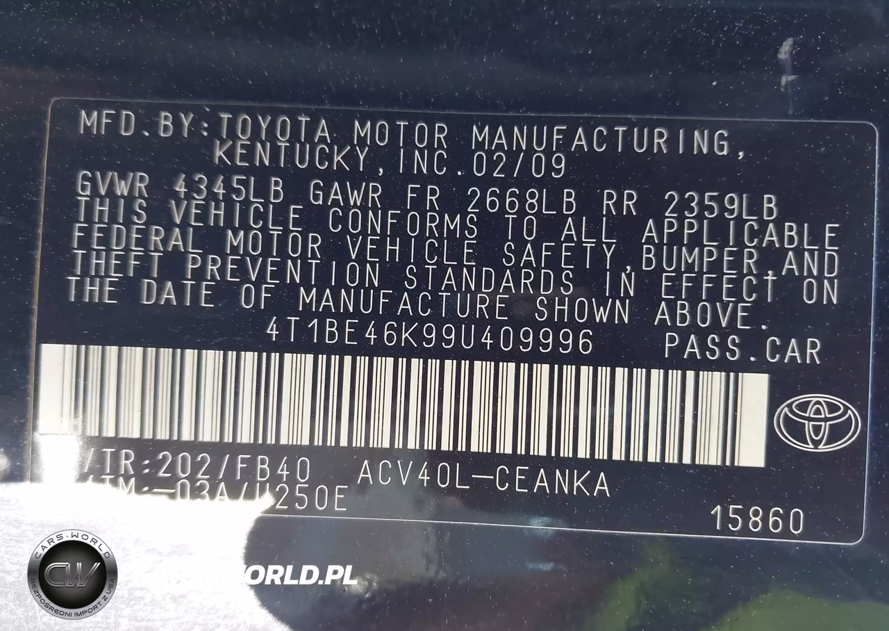 2009 Toyota Camry Le VIN:4T1BE46K99U409996 - 9