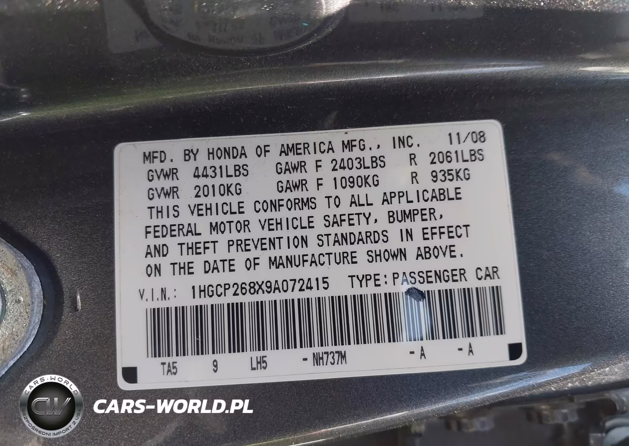 2009 Honda Accord 2.4 Ex-L VIN:1HGCP268X9A072415 - 9