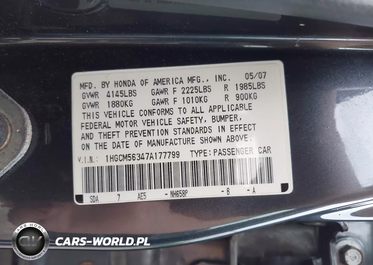 2007 Honda Accord 2.4 Se VIN:1HGCM56347A177799 - 9