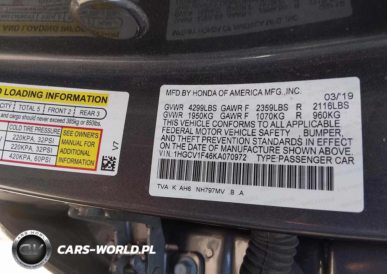 2019 Honda Accord Ex VIN:1HGCV1F46KA070972 - 9