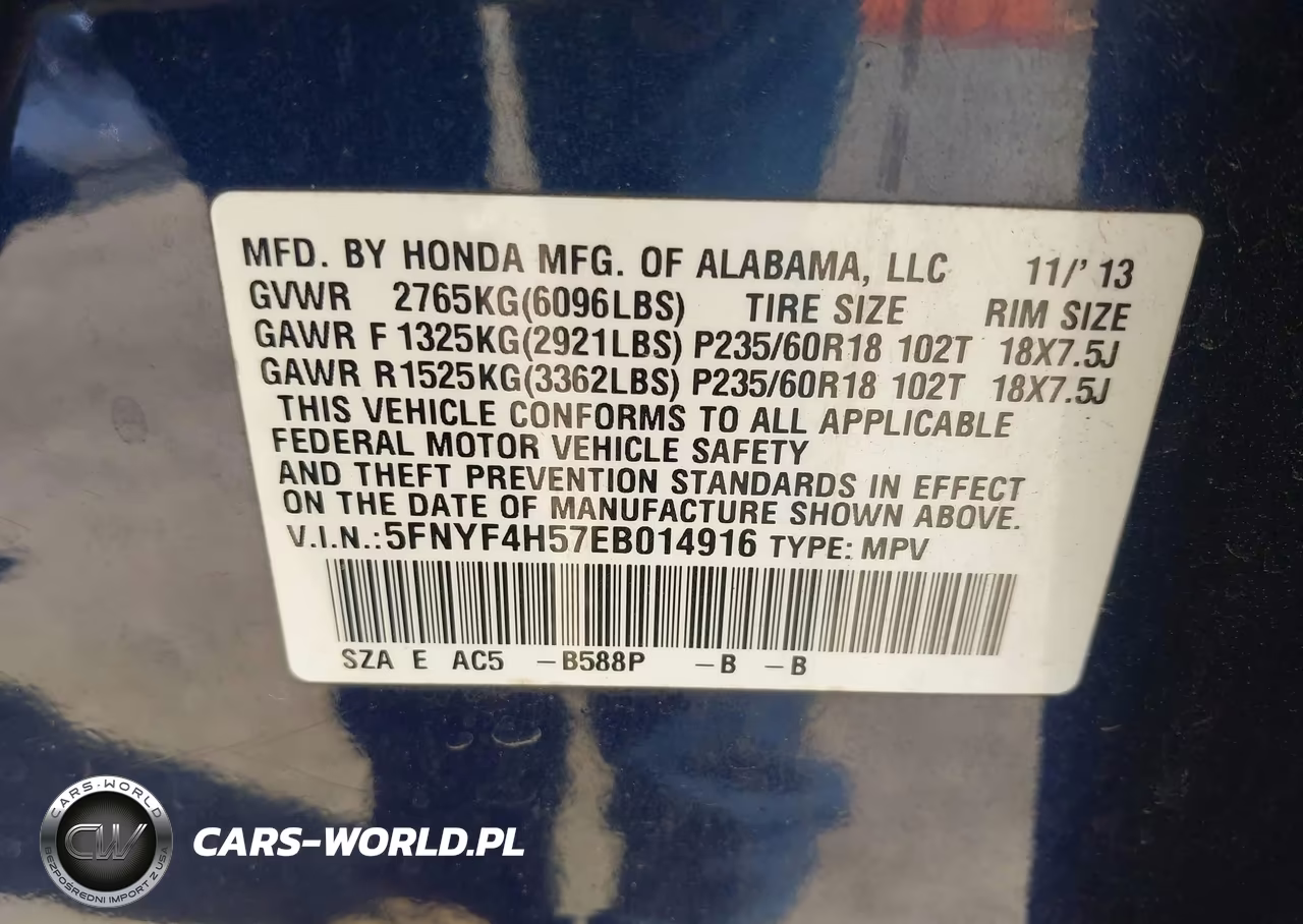 2014 Honda Pilot Ex-L VIN:5FNYF4H57EB014916 - 9