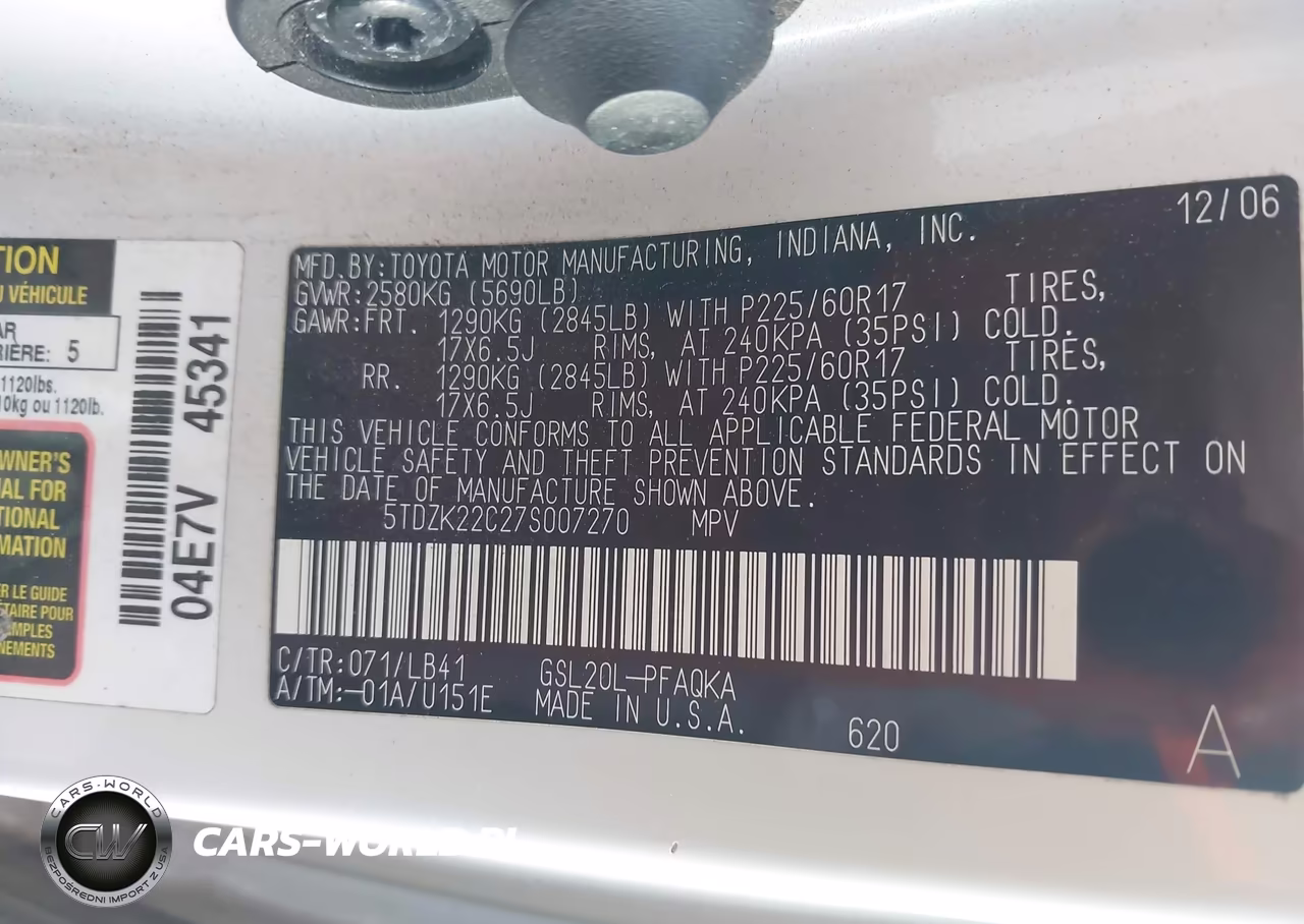 2007 Toyota Sienna Xle VIN:5TDZK22C27S007270 - 9