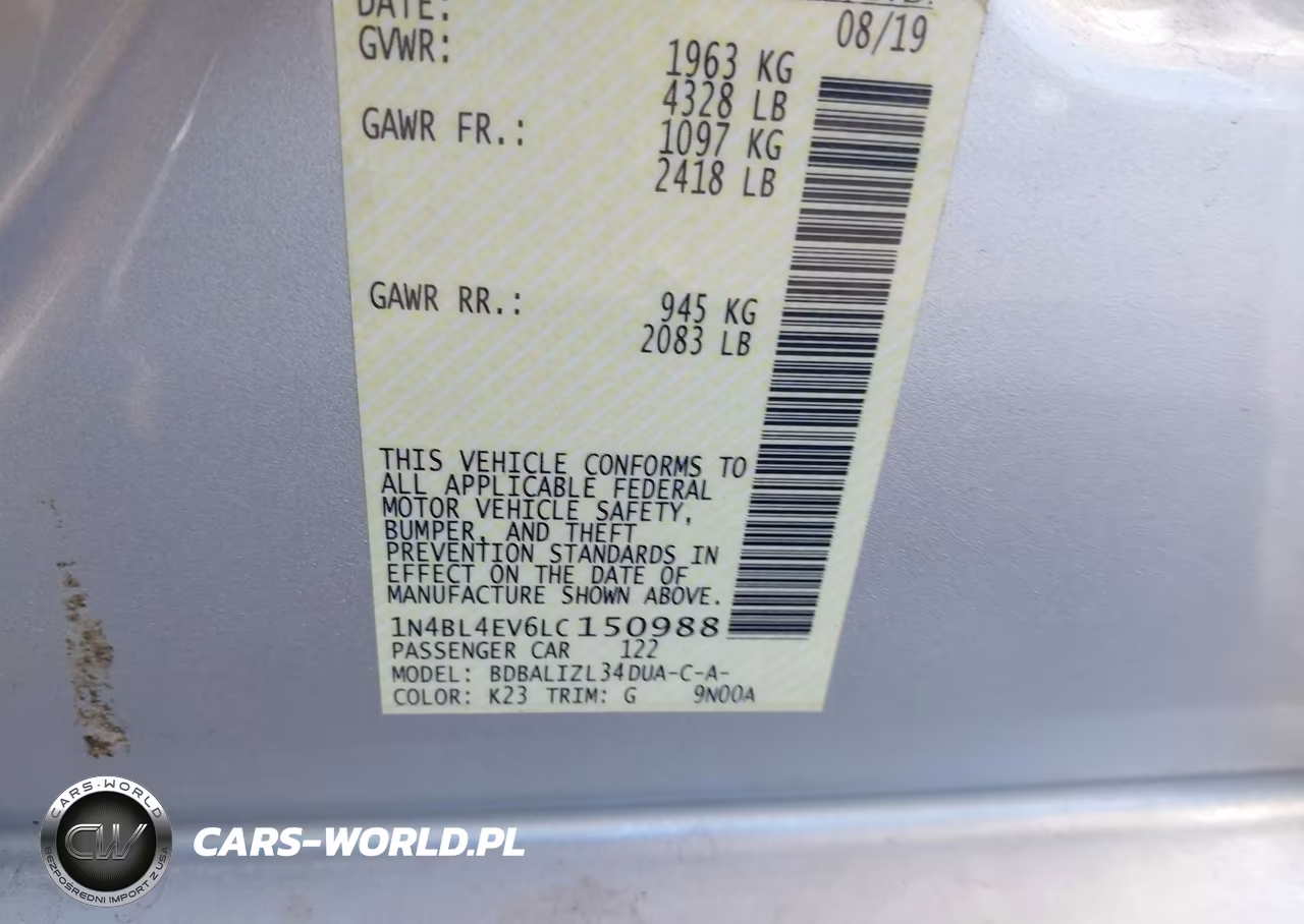 2020 Nissan Altima Sl Fwd VIN:1N4BL4EV6LC150988 - 9