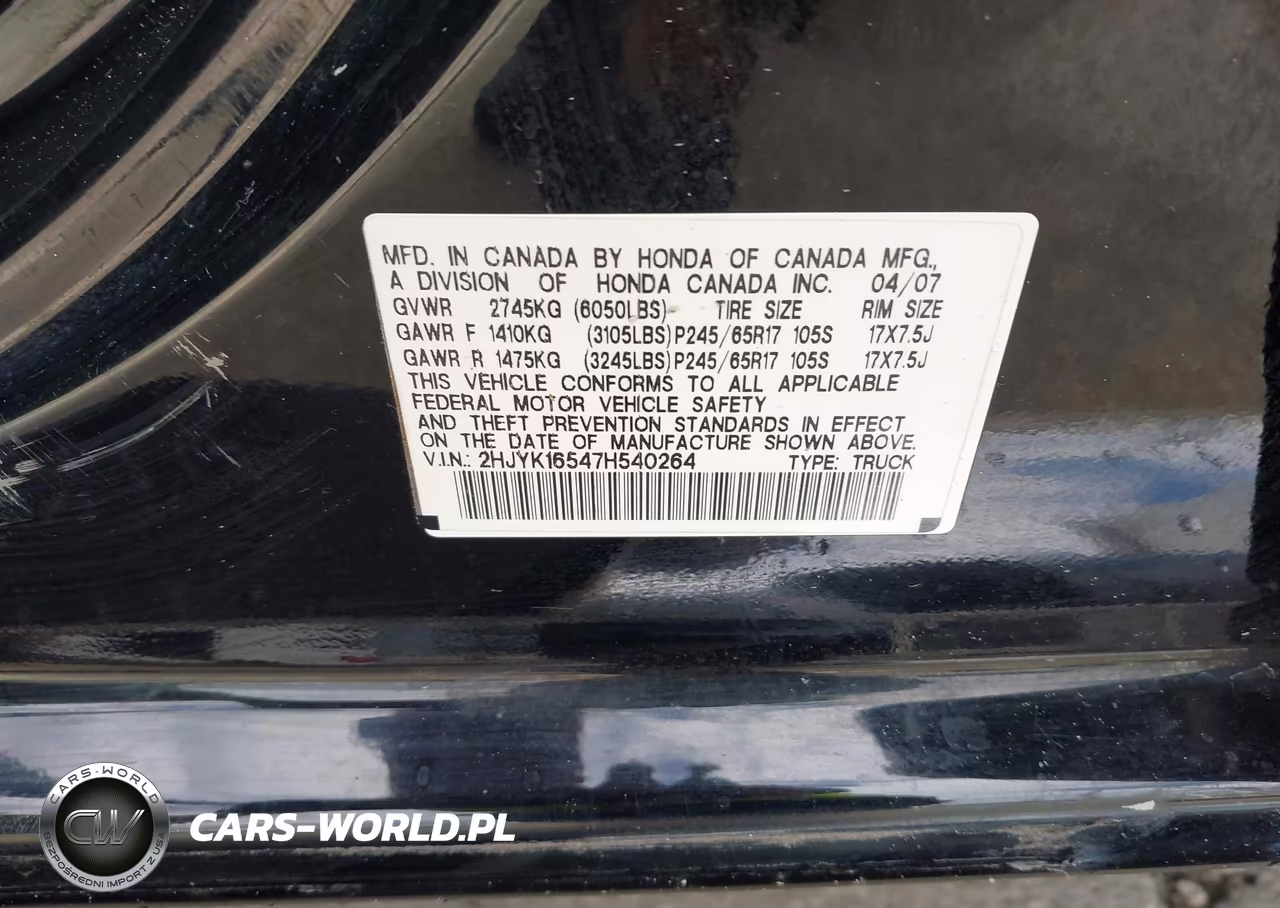2007 Honda Ridgeline Rtl VIN:2HJYK16547H540264 - 9