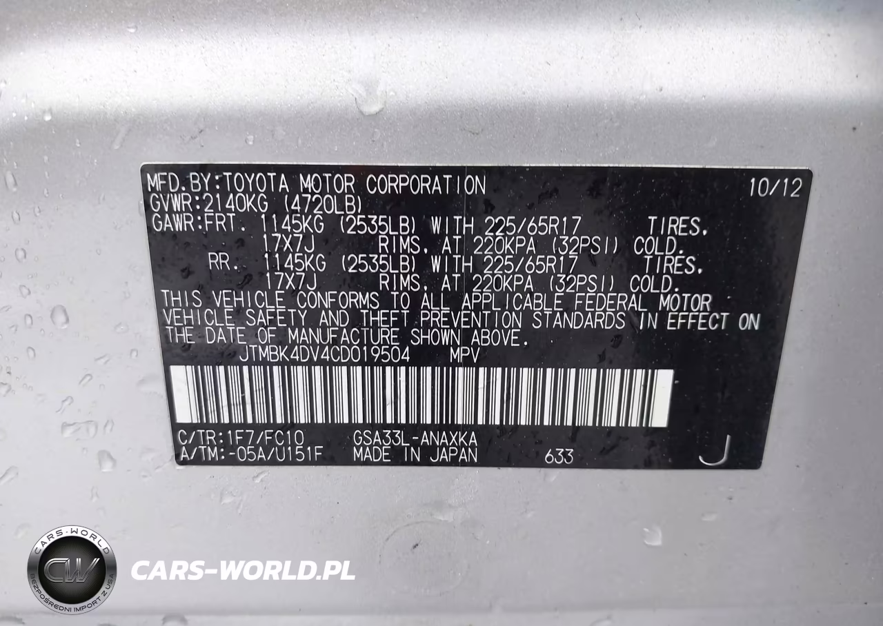 2012 Toyota Rav4 Base V6 VIN:JTMBK4DV4CD019504 - 9