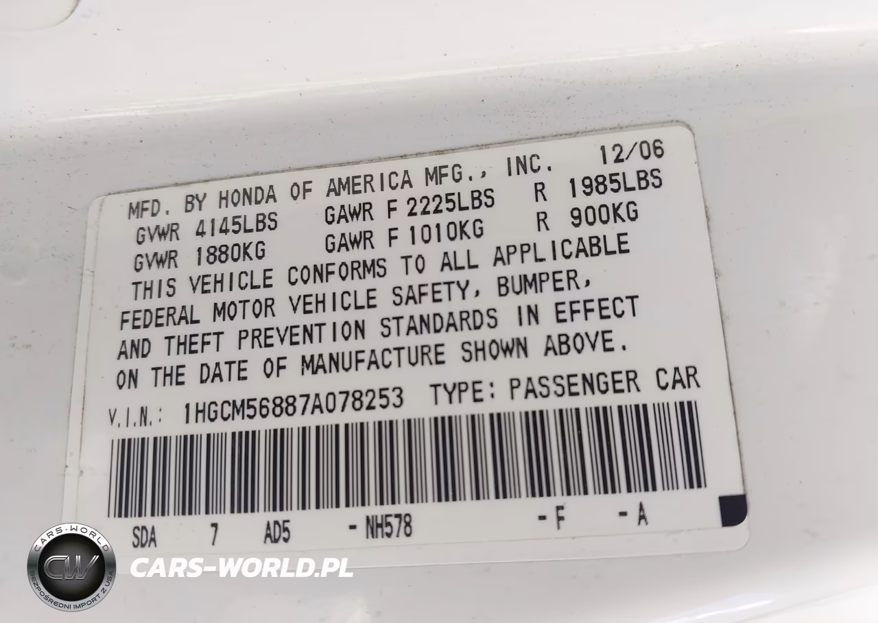 2007 Honda Accord 2.4 Ex VIN:1HGCM56887A078253 - 9
