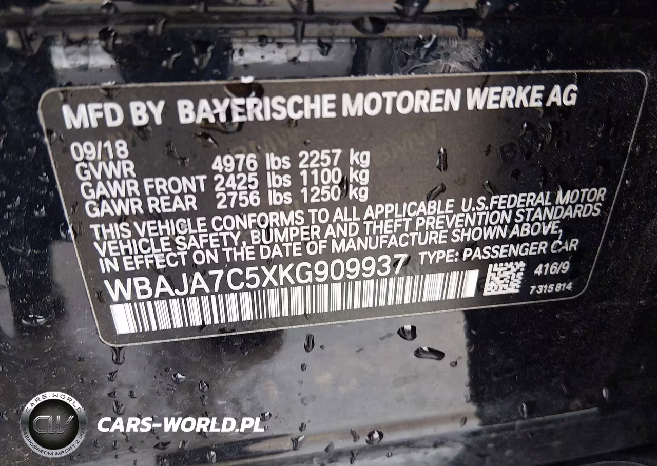 2019 BMW 530I xDrive VIN:WBAJA7C5XKG909937 - 9
