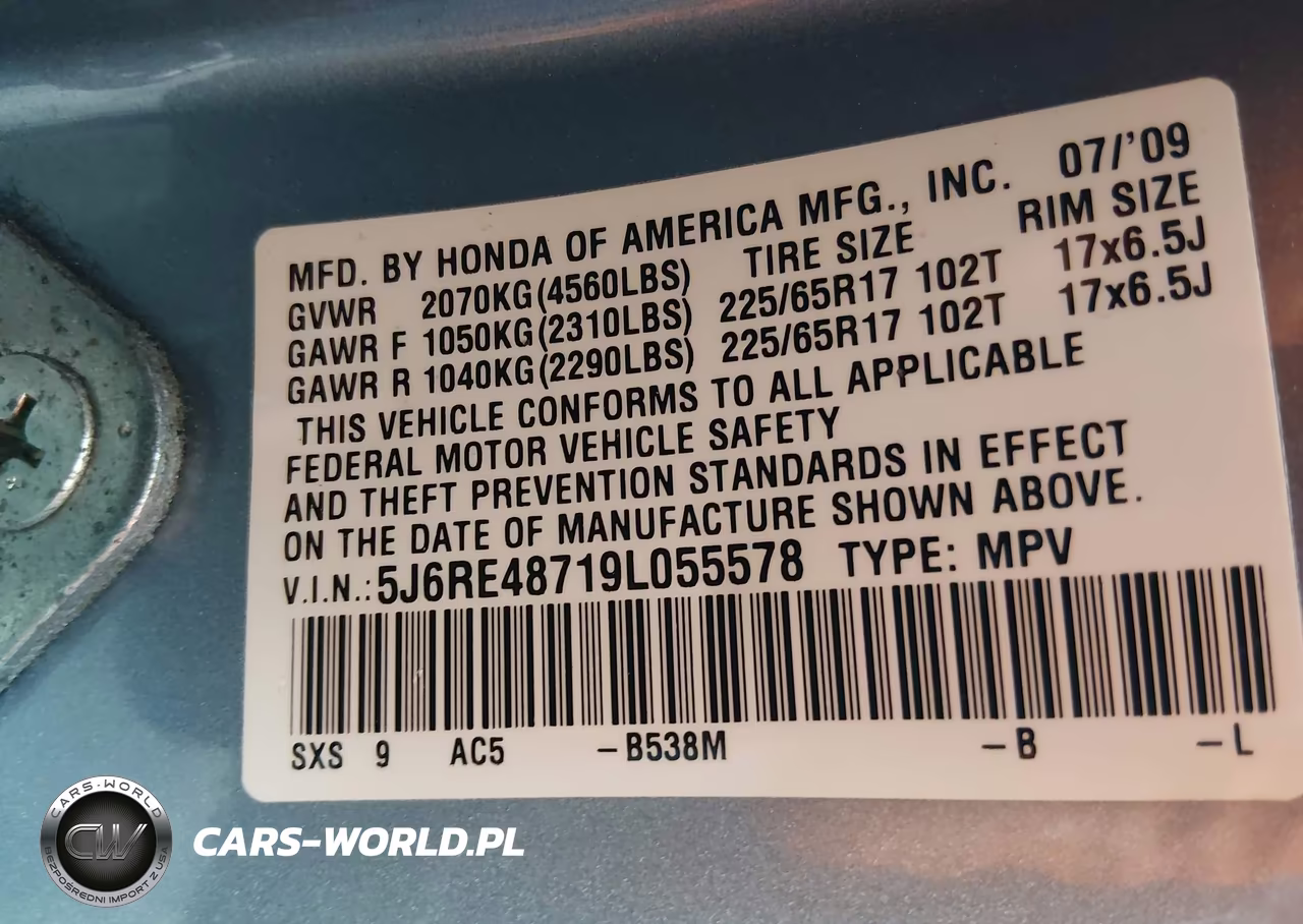 2009 Honda Cr-V Ex-L VIN:5J6RE48719L055578 - 9