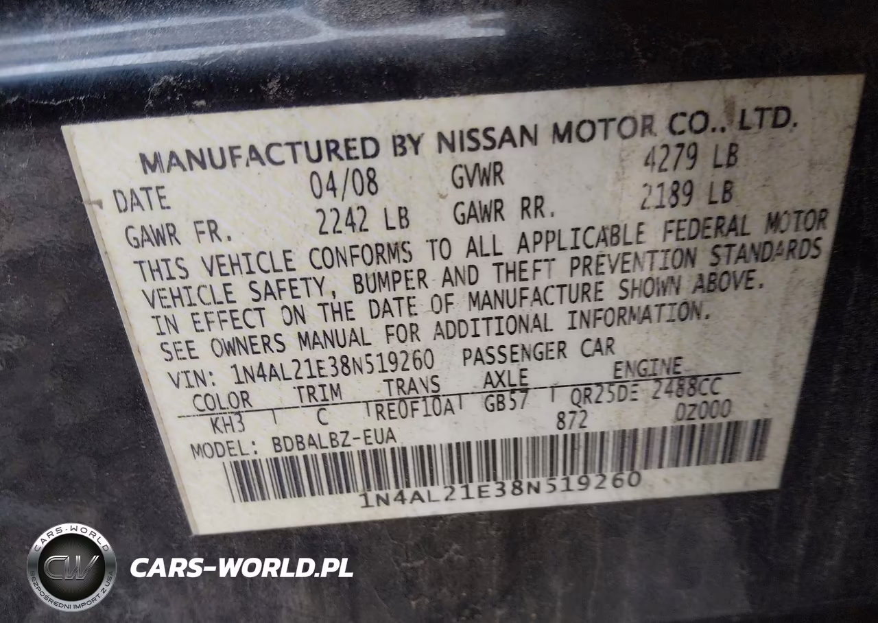 2008 Nissan Altima 2.5 S VIN:1N4AL21E38N519260 - 9