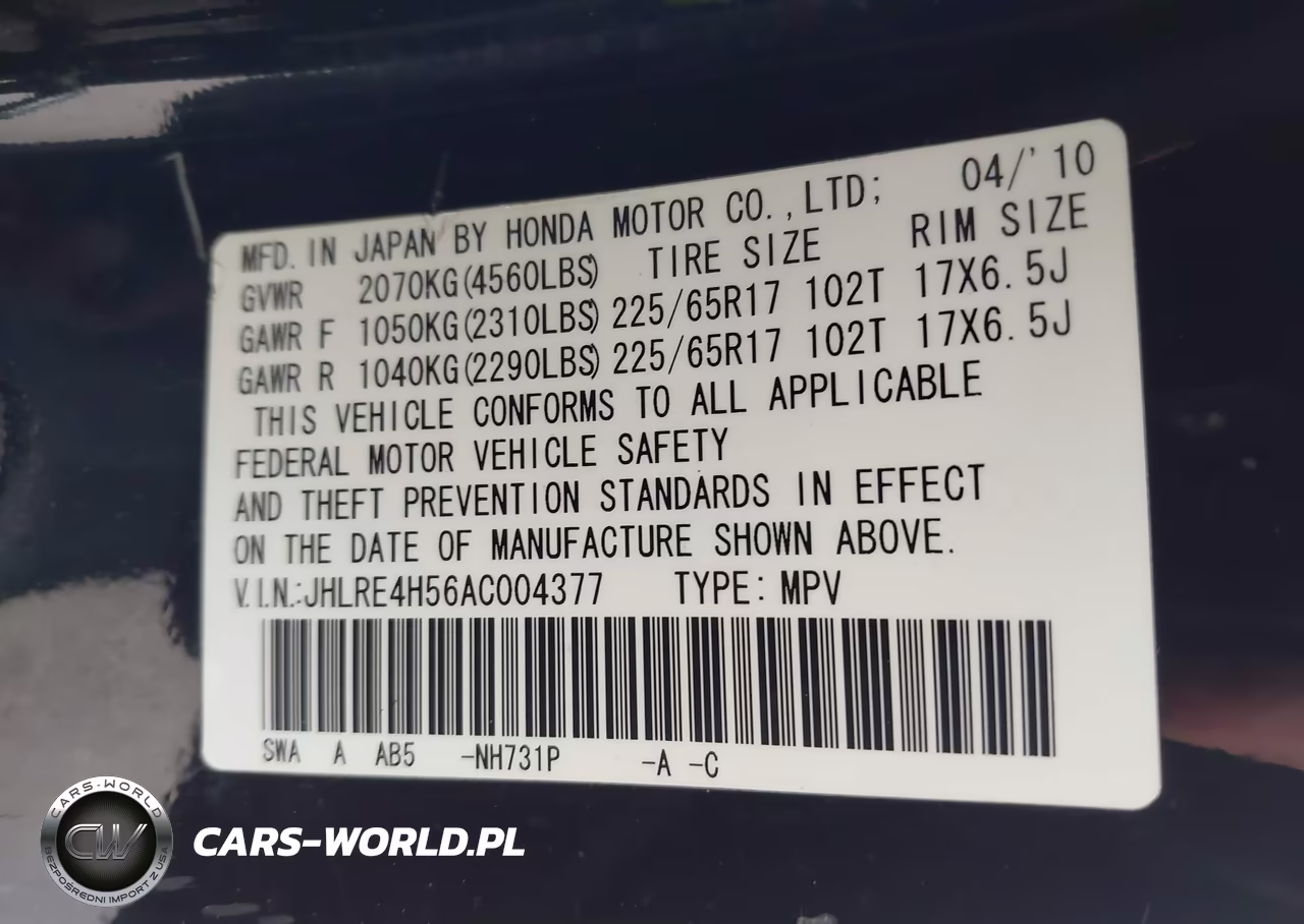 2010 Honda Cr-V Ex VIN:JHLRE4H56AC004377 - 9