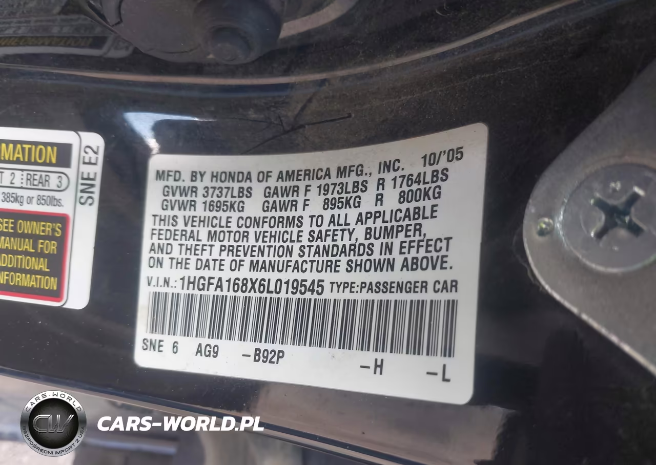 2006 Honda Civic Ex VIN:1HGFA168X6L019545 - 9