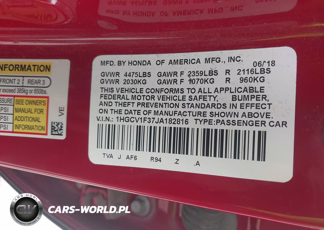 2018 Honda Accord Sport VIN:1HGCV1F37JA182816 - 9