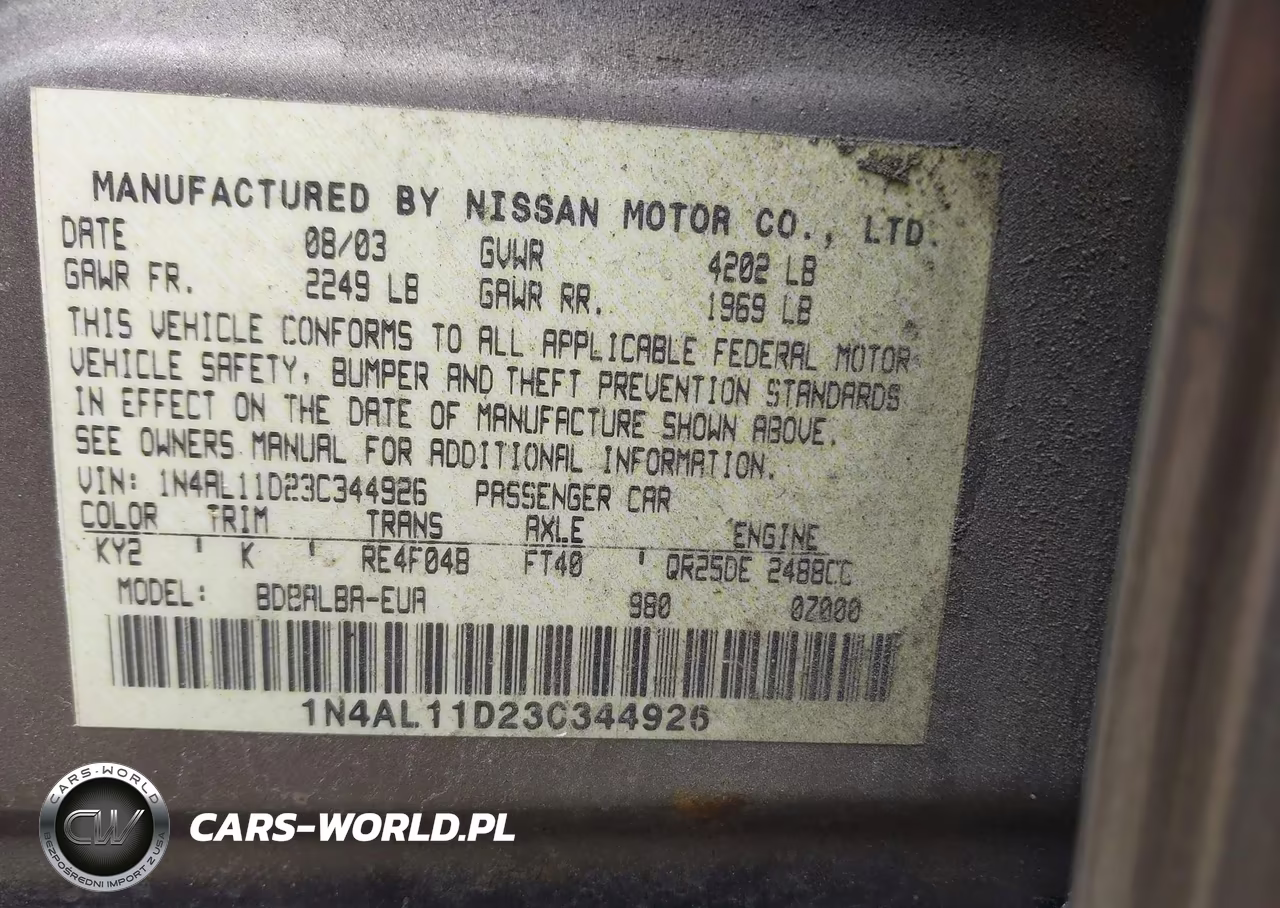 2003 Nissan Altima 2.5 S VIN:1N4AL11D23C344926 - 9