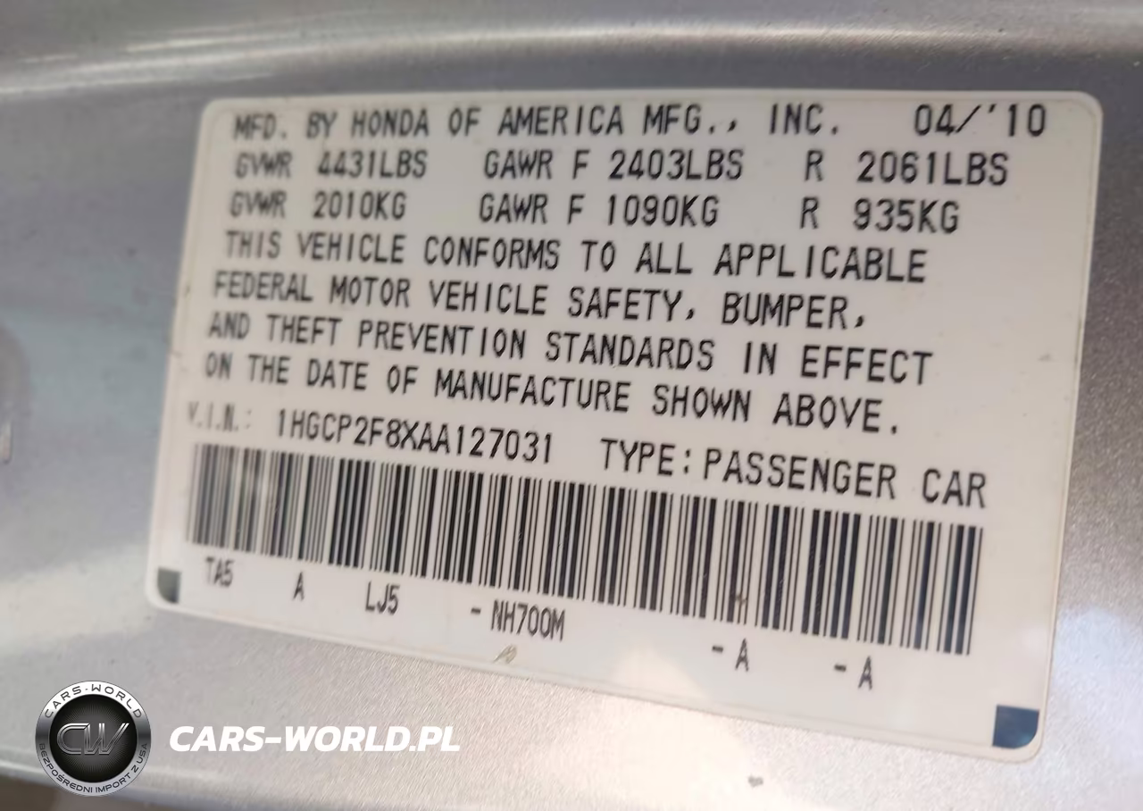 2010 Honda Accord 2.4 Ex-L VIN:1HGCP2F8XAA127031 - 9