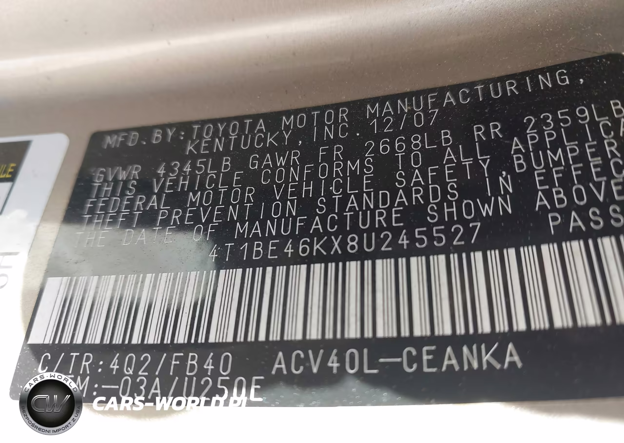 2008 Toyota Camry Le VIN:4T1BE46KX8U245527 - 9