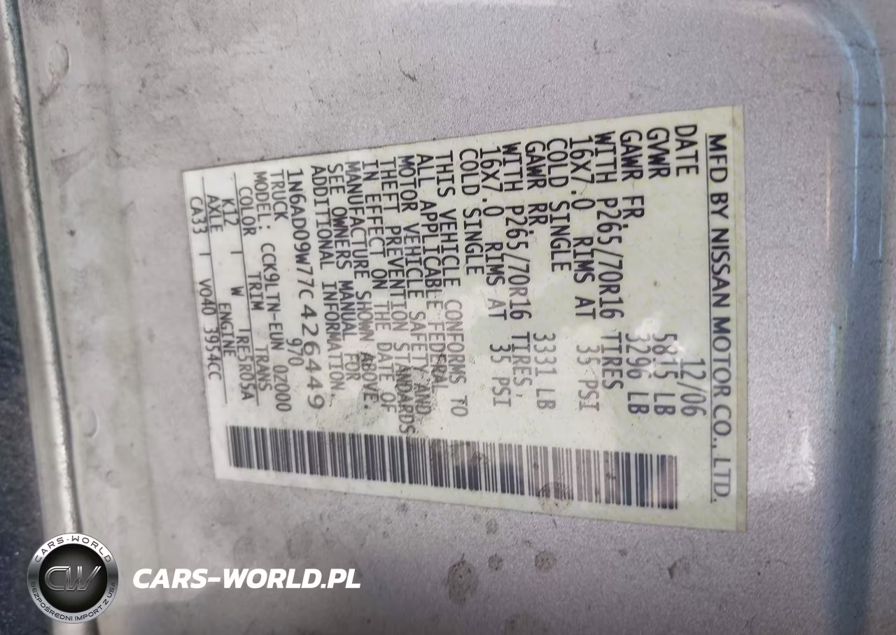 2007 Nissan Frontier Se VIN:1N6AD09W77C426449 - 9