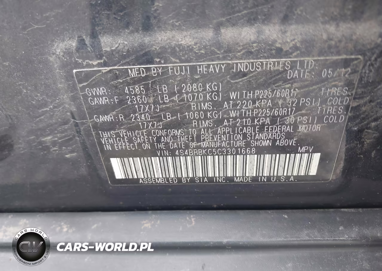 2012 Subaru Outback 2.5I Limited VIN:4S4BRBKC5C3301668 - 9