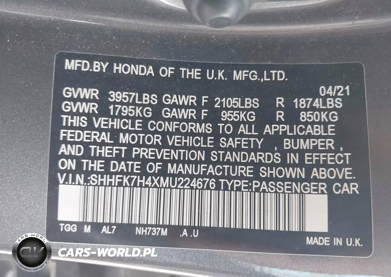 2021 Honda Civic Sport VIN:SHHFK7H4XMU224676 - 9
