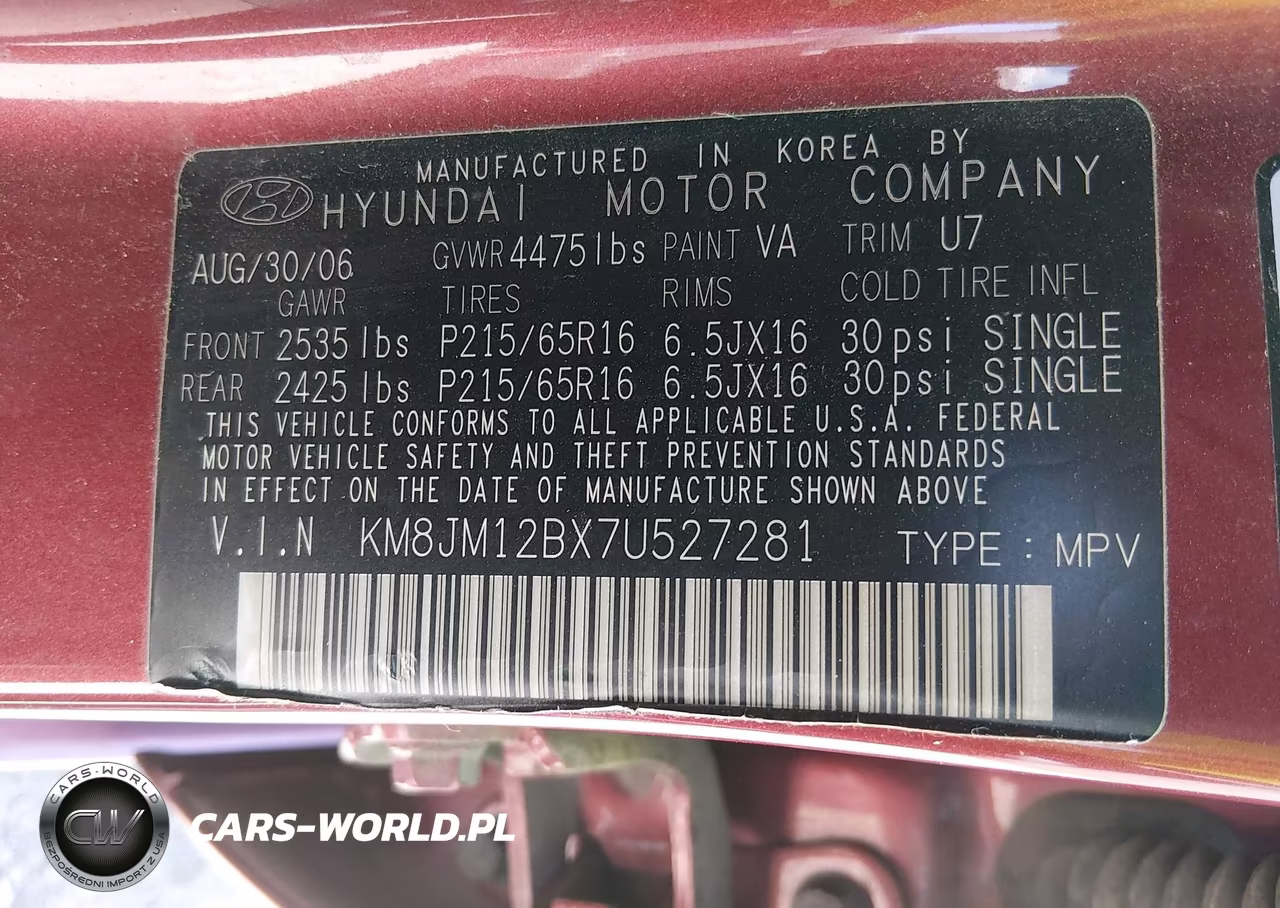 2007 Hyundai Tucson Gls VIN:KM8JM12BX7U527281 - 9